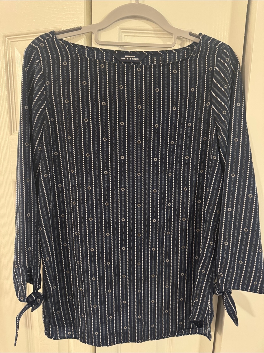 Chase Apparel Lands Wnd Navy and White Striped Tie-Sleeve Blouse